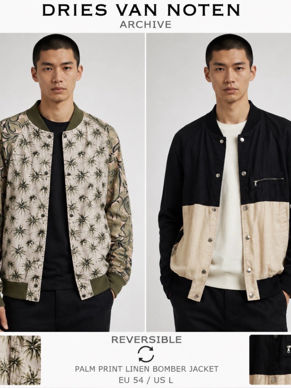Dries Van Noten Archive Reversible Bomber Jacket Palm Print Linen EU 54 US L